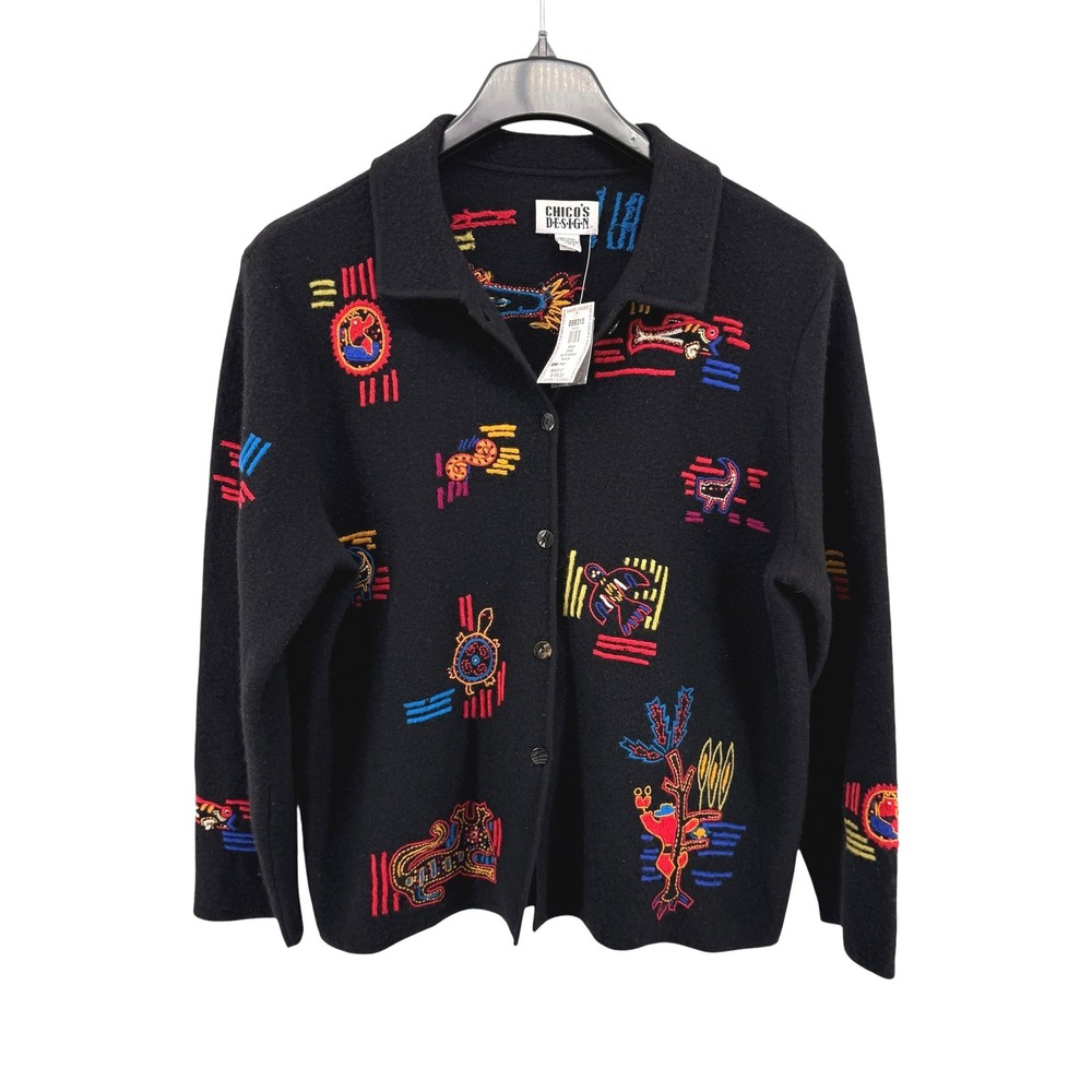 NEW Chico's Design Mola Cardigan Womens 2 *FLAWS Sweater Black Wool Embroidered